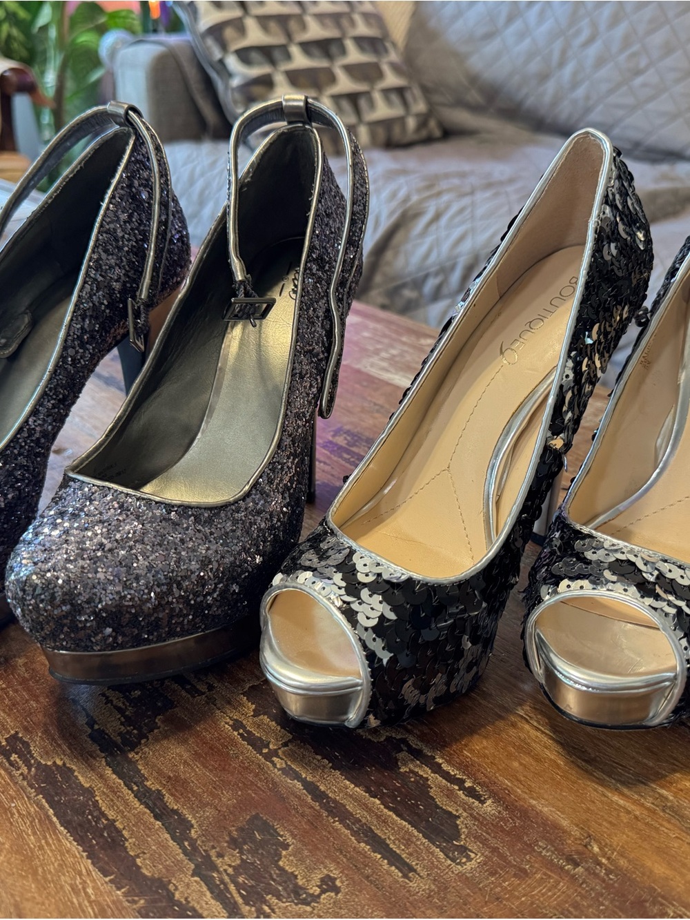 Women’s Black Sequin Peep-Toe Platform Heels